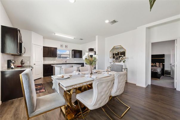 Dining room, Interior, Kitchen, Recessed Lighting, Wood Texture Flooring