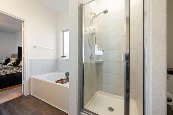 Bathroom, Glass Shower, Interior, Wood Texture Flooring