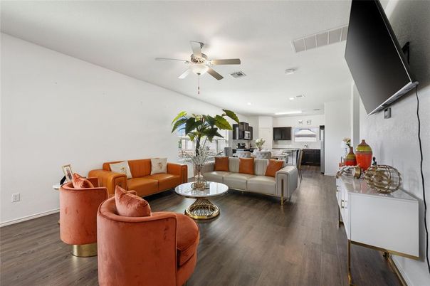 Dining room, Interior, Kitchen, Living room, Recessed Lighting, Wood Texture Flooring