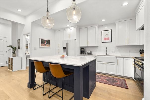 Interior, Kitchen, Pendant Lights, Recessed Lighting, Stainless Steel Appliances, Wood Texture Flooring