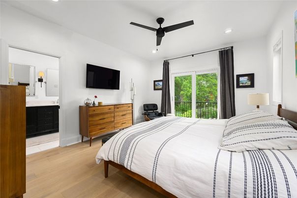Bedroom, Interior, Recessed Lighting, Wood Texture Flooring