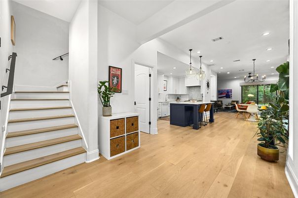 Dining room, Interior, Kitchen, Pendant Lights, Recessed Lighting, Wood Texture Flooring