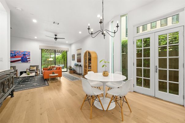 Chandelier, Dining room, Interior, Living room, Recessed Lighting, Wood Texture Flooring