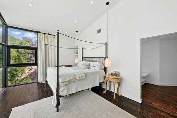 Bedroom, Interior, Pendant Lights, Recessed Lighting, Wood Texture Flooring