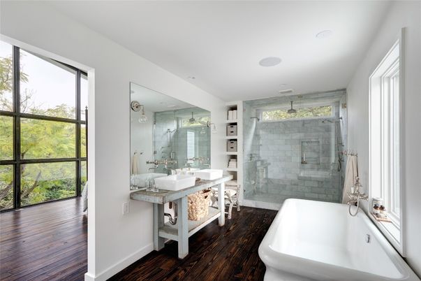 Bathroom, Free Standing Baths, Glass Shower, Interior, Recessed Lighting, Wood Texture Flooring