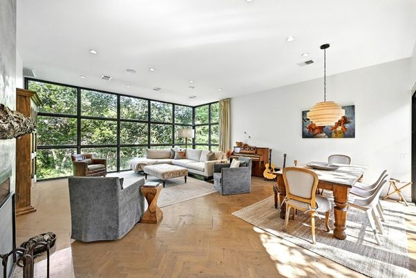 Dining room, Interior, Living room, Pendant Lights, Recessed Lighting, Wood Texture Flooring