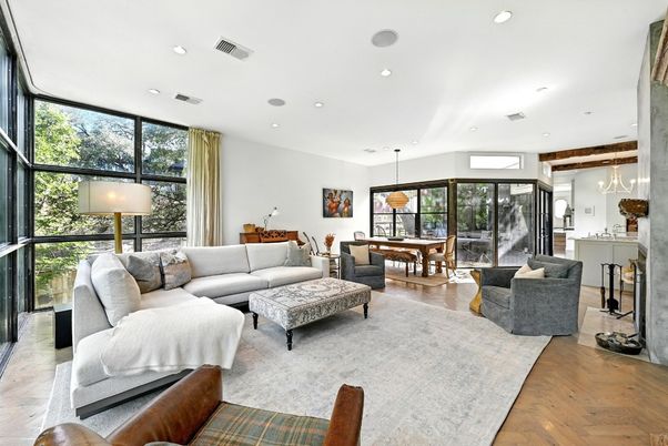 Dining room, Interior, Living room, Pendant Lights, Recessed Lighting, Wood Texture Flooring