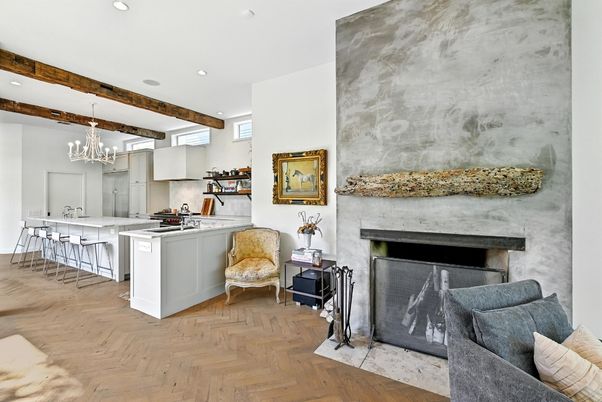 Chandelier, Fireplace, Interior, Kitchen, Recessed Lighting, Wooden Beams, Wood Texture Flooring