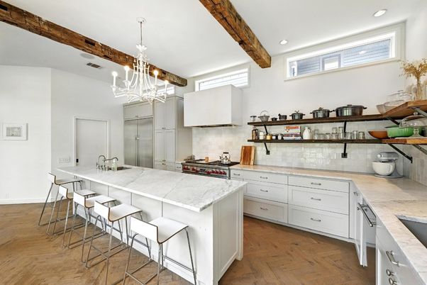 Chandelier, Interior, Kitchen, Pendant Lights, Recessed Lighting, Wooden Beams, Wood Texture Flooring