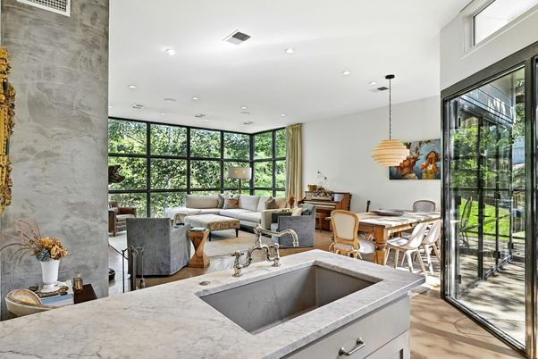 Dining room, Interior, Living room, Pendant Lights, Recessed Lighting, Wood Texture Flooring