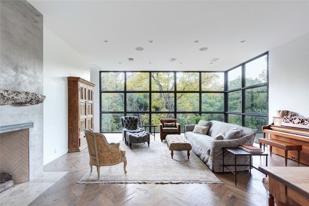 Fireplace, Interior, Living room, Piano, Recessed Lighting, Wood Texture Flooring