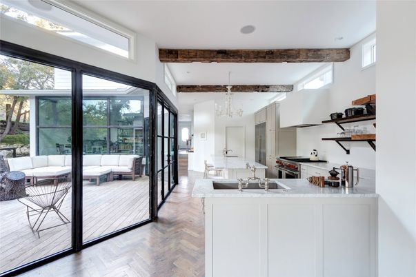 Interior, Kitchen, Recessed Lighting, Wooden Beams, Wood Texture Flooring