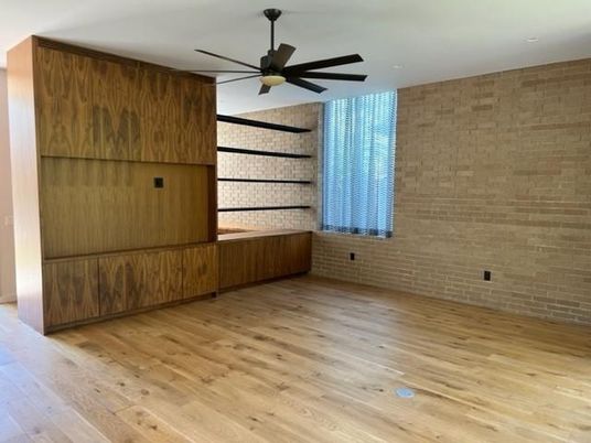 Empty room, Interior, Recessed Lighting, Stone Walls, Wood Texture Flooring