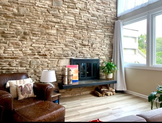 Fireplace, Interior, Living room, Stone Walls, Wood Texture Flooring