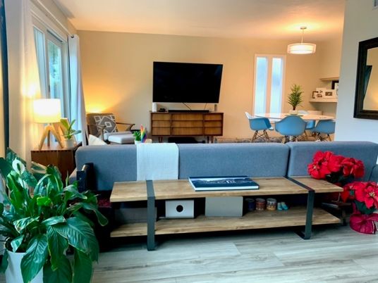 Dining room, Interior, Living room, Pendant Lights, Wood Texture Flooring