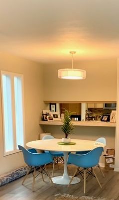 Dining room, Interior, Pendant Lights, Wood Texture Flooring