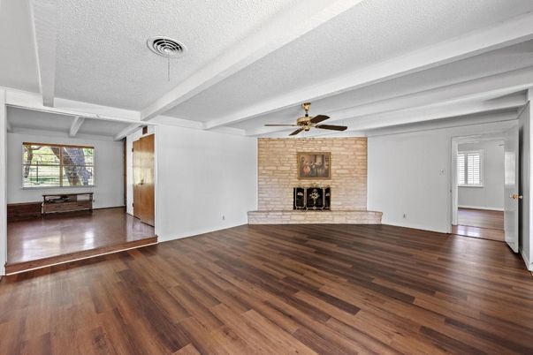 Empty room, Fireplace, Interior, Stone Walls, Wood Texture Flooring
