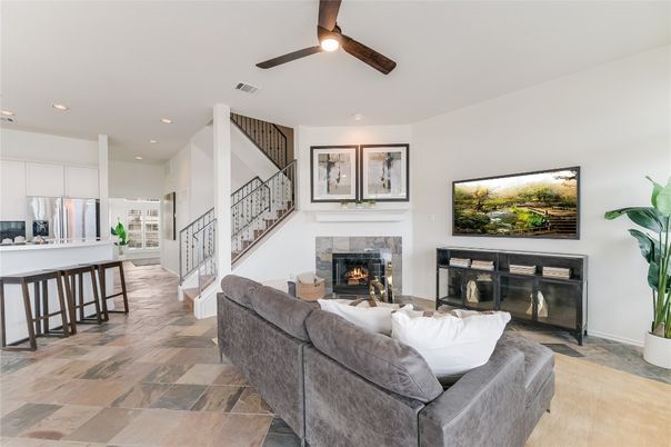 Fireplace, Interior, Kitchen, Living room, Recessed Lighting