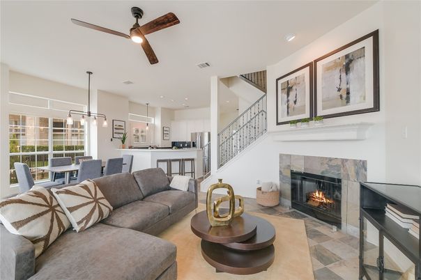 Dining room, Fireplace, Interior, Kitchen, Living room, Pendant Lights, Recessed Lighting, Stainless Steel Appliances