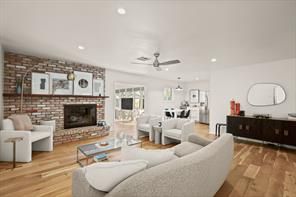 Dining room, Fireplace, Interior, Kitchen, Living room, Pendant Lights, Recessed Lighting, Stone Walls, Wood Texture Flooring