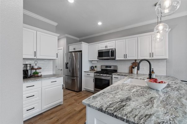 Interior, Kitchen, Pendant Lights, Recessed Lighting, Stainless Steel Appliances, Wood Texture Flooring