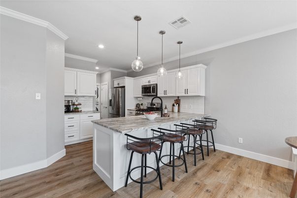 Interior, Kitchen, Pendant Lights, Recessed Lighting, Stainless Steel Appliances, Wood Texture Flooring