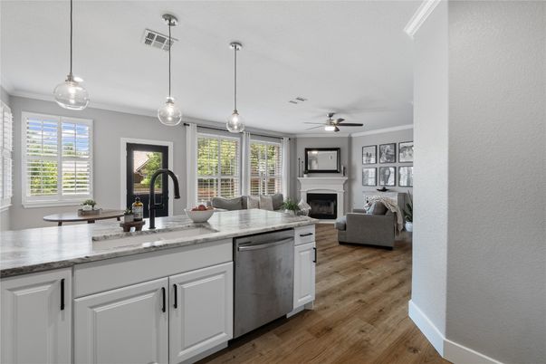 Fireplace, Interior, Kitchen, Living room, Pendant Lights, Wood Texture Flooring