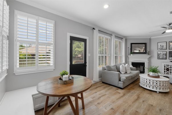 Fireplace, Interior, Recessed Lighting, Wood Texture Flooring