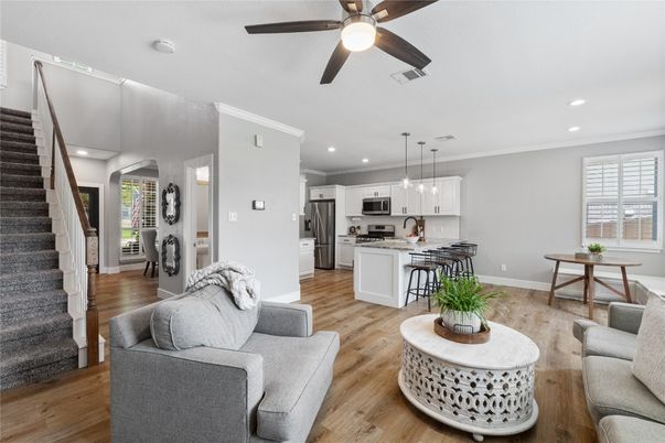 Dining room, Interior, Kitchen, Living room, Pendant Lights, Recessed Lighting, Stainless Steel Appliances, Wood Texture Flooring