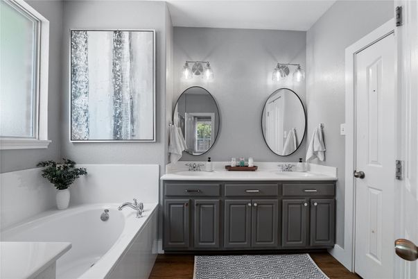 Bathroom, Dual Sink Vanities, Interior, Wood Texture Flooring