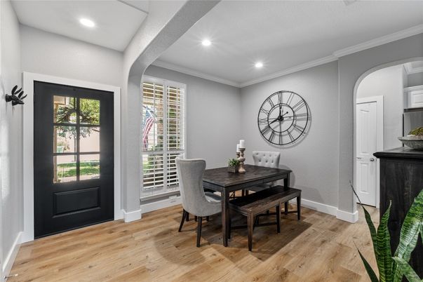 Dining room, Interior, Recessed Lighting, Wood Texture Flooring