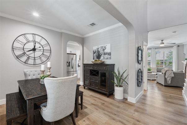 Dining room, Interior, Living room, Recessed Lighting, Wood Texture Flooring