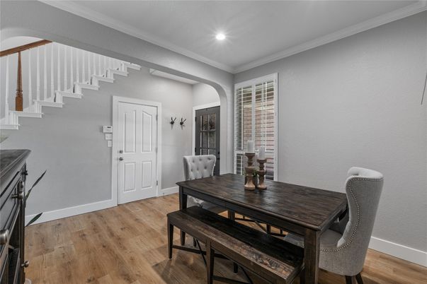 Dining room, Interior, Recessed Lighting, Wood Texture Flooring