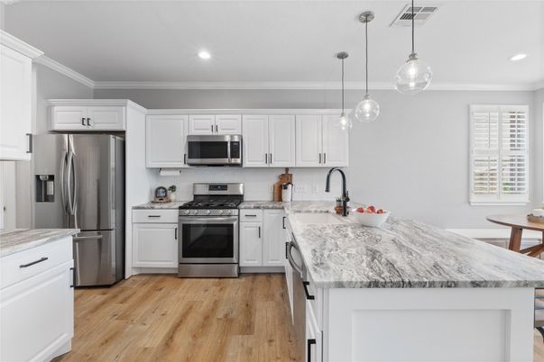 Interior, Kitchen, Pendant Lights, Recessed Lighting, Stainless Steel Appliances, Wood Texture Flooring