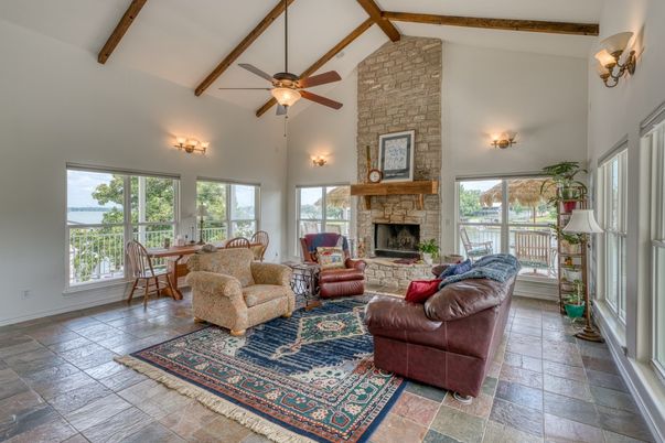 Dining room, Fireplace, Interior, Living room, Stone Walls, Wooden Beams