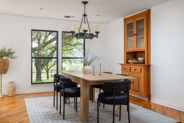 Dining room, Interior, Pendant Lights, Recessed Lighting, Wood Texture Flooring