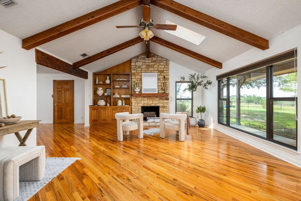 Fireplace, Interior, Living room, Stone Walls, Wooden Beams, Wood Texture Flooring