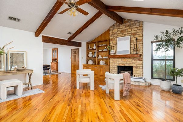 Fireplace, Interior, Stone Walls, Wooden Beams, Wood Texture Flooring