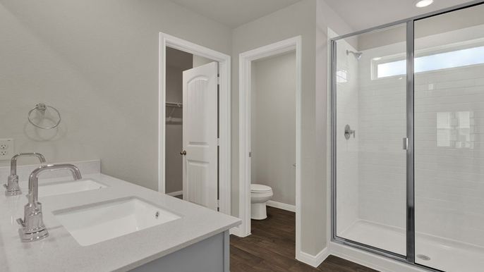 Bathroom, Glass Shower, Interior, Recessed Lighting, Wood Texture Flooring