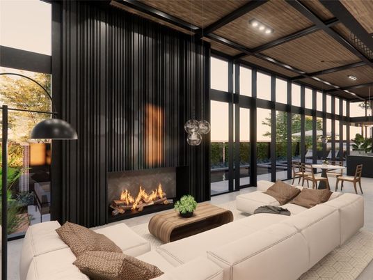 Dining room, Fireplace, Interior, Living room, Pendant Lights, Recessed Lighting, Wooden Ceilings