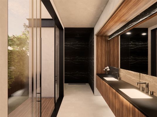 Bathroom, Dual Sink Vanities, Interior, Marble Walls, Wooden Walls