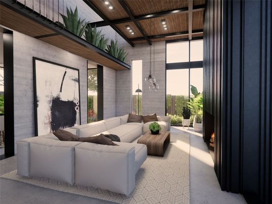 Fireplace, Interior, Living room, Pendant Lights, Recessed Lighting, Wooden Ceilings