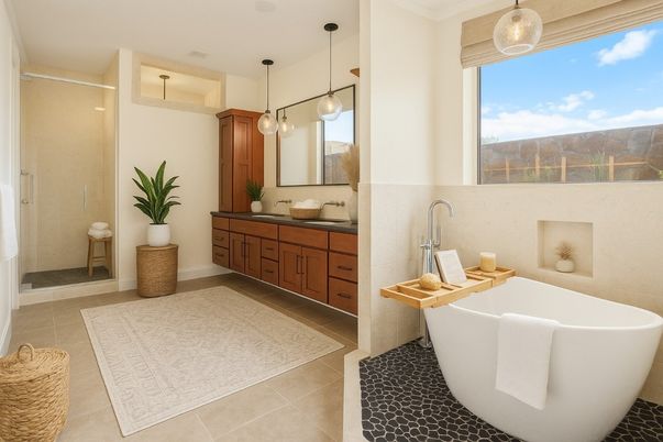 Bathroom, Dual Sink Vanities, Free Standing Baths, Interior, Pendant Lights