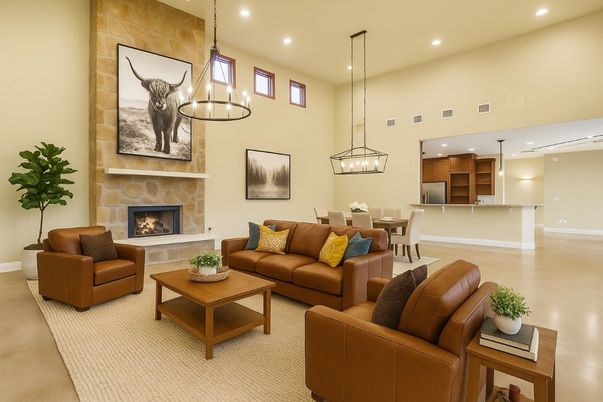 Dining room, Fireplace, Interior, Kitchen, Living room, Pendant Lights, Recessed Lighting
