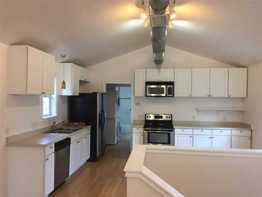 Interior, Kitchen, Pendant Lights, Stainless Steel Appliances, Wood Texture Flooring