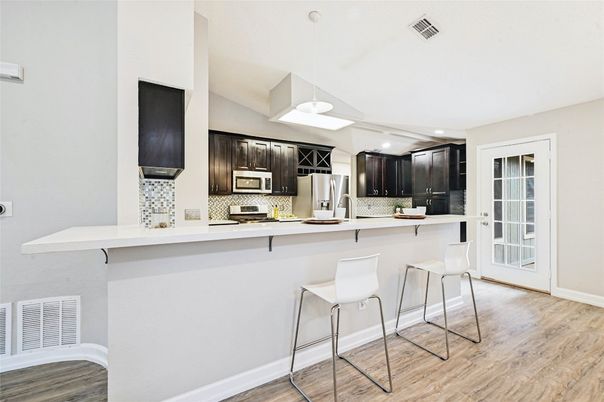 Interior, Kitchen, Pendant Lights, Recessed Lighting, Wood Texture Flooring