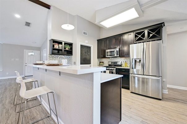 Interior, Kitchen, Pendant Lights, Recessed Lighting, Stainless Steel Appliances, Wood Texture Flooring