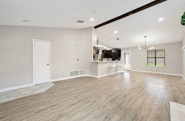 Empty room, Interior, Pendant Lights, Recessed Lighting, Wood Texture Flooring