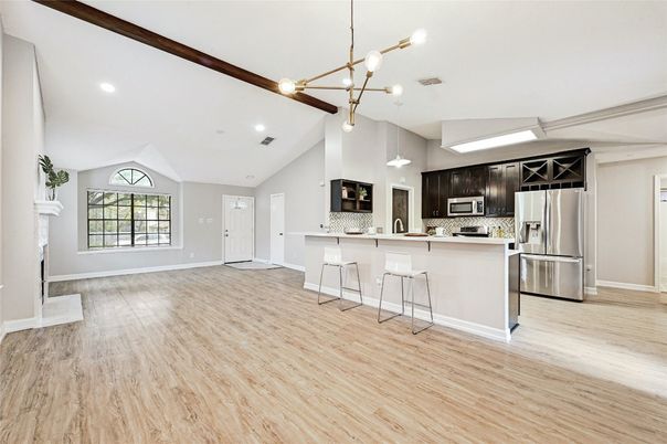 Interior, Kitchen, Pendant Lights, Recessed Lighting, Stainless Steel Appliances, Wood Texture Flooring