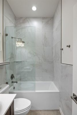 Bathroom, Glass Shower, Interior, Marble Walls, Recessed Lighting